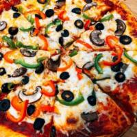Vegetarian Pizza · Roma tomatoes, mushrooms, green pepper, olive, mozzarella cheese and tomato sauce.