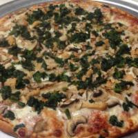 Spinach and Chicken Pizza · Spinach, chicken breast, garlic, mushrooms, tomato sauce and mozzarella cheese.