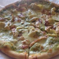 Pesto Chicken Pizza · Chicken breast, artichoke hearts, roma tomatoes and mozzarella cheese with pesto sauce.