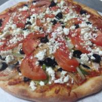 The Greek Pizza · Green peppers, tomatoes, onions, olives and feta cheese.