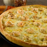 Shrimp Pizza · Garlic, Parmesan cheese, tomato basil, shrimp and mozzarella cheese.