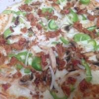 Chicken Ranch Pizza · Chicken, mushroom, ranch dressing, green peppers, onion and mozzarella cheese.
