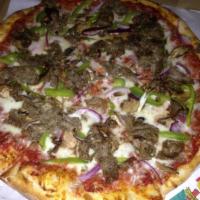Philly Cheese Steak Pizza · Philly steak, green peppers, red onion, mushroom and mozzarella cheese.