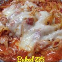 Baked Ziti · Penne mixed with ricotta, basil and marinara. Served with garlic bread.
