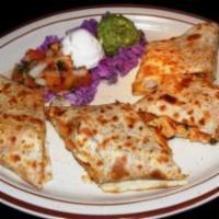 Chicken Quesadilla · Served inside a flour tortilla with Monterrey Jack cheese and pico de gallo. Served with fre...