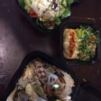 Get Lean Plate · Your choice of gyros or chicken with hummus and tabbouleh served with rice, Greek salad, pit...