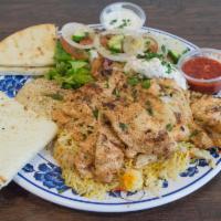 Chicken Platter · Chicken, salad, rice, salata, tzatziki, hummus and pita bread.