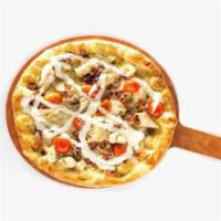 Monterey Pie · Firenza roasted garlic sauce, mozzarella, chicken, bacon, tomatoes, Parmesan, drizzled with ...