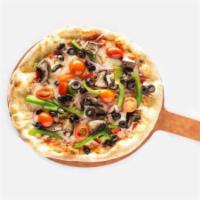 Veggie Pie · Marinara sauce, mozzarella, green bell peppers, red onions, mushrooms, tomatoes, black olives.