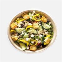 Greek Salad · Spring mix, grilled chicken, sliced tomatoes, feta, Kalamata olives, cucumbers, banana peppe...