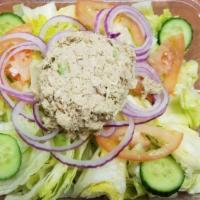 Albacore Tuna Salad · Albacore tuna, iceberg and romaine lettuce, tomatoes, cucumbers, and red onions