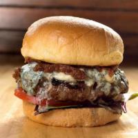 Beef and Blue Burger · All natural beef, Danish blue cheese, organic mixed greens, tomatoes, bacon onion jam, garli...