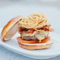 Bacon BBQ Burger · All natural beef, Tillamook cheddar, applewood smoked bacon, tomatoes, fried onion strings, ...