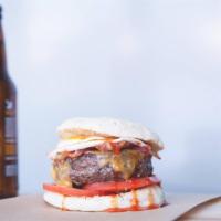 Breakfast Burger · All natural beef, Tillamook cheddar, tomatoes, applewood smoked bacon, sunny side up egg, sw...