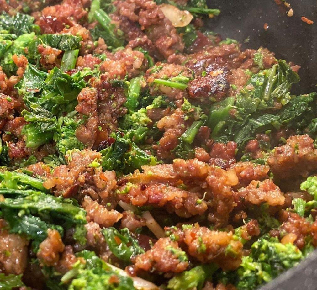 Sauteed Broccoli Rabe and Sausage · Sauteed in a garlic olive oil.