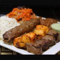 11. Super Dish · Chalau (white rice) served with meat sauce (qurma), 1 skewer of each of shami, chicken and l...