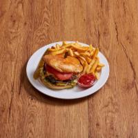 Bacon Cheese Burger Deluxe · Served with french fries.