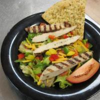 Nick's Chicken and Cheddar Salad · Spring mix tossed with blackened chicken breast, cheddar cheese, red bell pepper, avocado, a...