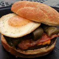 Nick's Eggcellent Burger · Get your protein fix with this 1/2-lb. black Angus burger topped with bacon, sweet peppers, ...