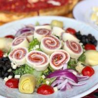 Antipasto Salad · Lettuce, red onions, black olives, diced mozzarella, pepperoncini, tomatoes, artichoke heart...