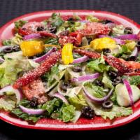 Mediterranean Salad · Mixture of Romaine and Iceberg lettuce topped with tomatoe slices, red onions, cucumbers, bl...
