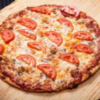 Bacon Cheeseburger Pizza (Thin Crust) · Mozzarella and cheddar cheese, bacon, ground beef topped with fresh tomatoes.