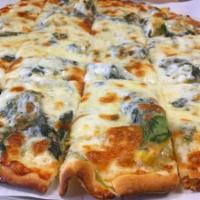 White Pizza (Thin Crust) · Olive oil, spinach, garlic, artichoke, topped with mozzarella.