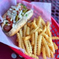Vienna Hot Dog and Fries · Vienna hot dog topped with mustard, onions, relish, tomatoes, sport peppers, celery salt, & ...
