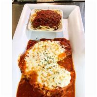 Chicken Parmigiana Dinner · Served with your choice of spaghetti, angel hair or penne on the side.
