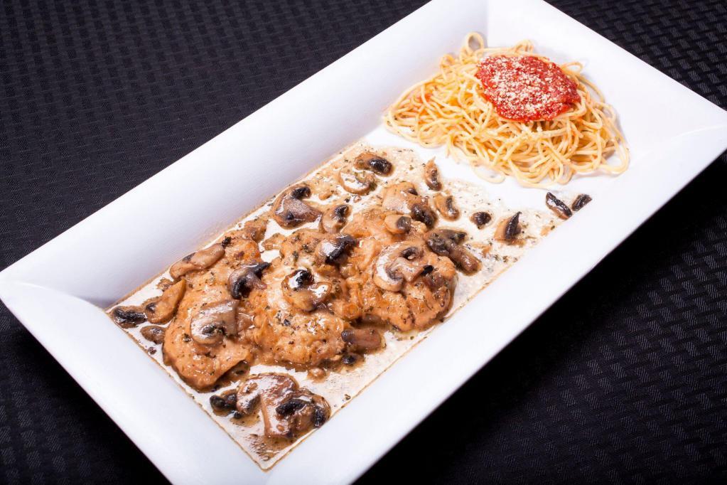 Chicken Marsala Dinner · Boneless chicken breast, sauteed with mushroom and Marsala wine sauce. Served with your choice of spaghetti, angel hair, or penne on the side.