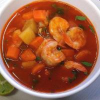 Caldo De Camarones · Eight large shrimp soup.