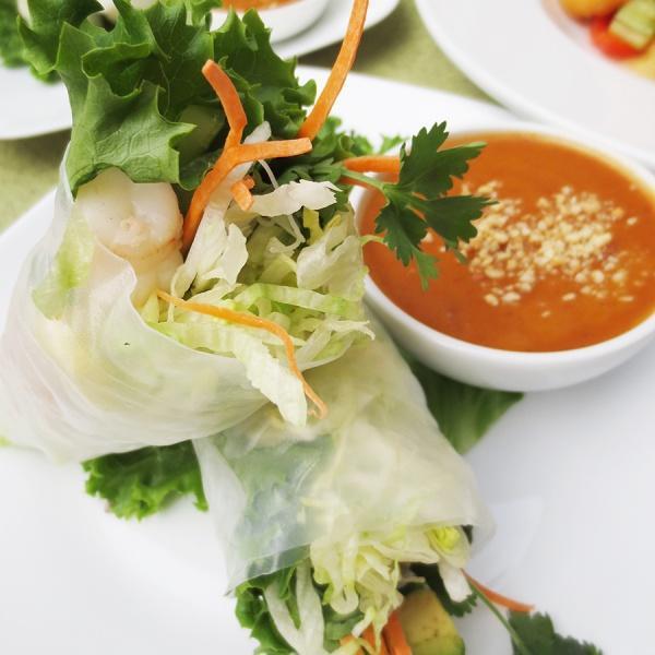 A2. Shrimp Avocado Fresh Rolls · Shrimp, avocado, carrots, cilantro, mint, basil, steamed rice noodles and fresh lettuce wrapped in rice paper served with peanut plum sauce.