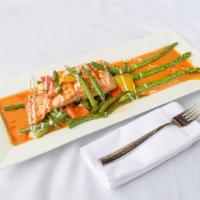 HS8. Salmon Panang Curry · Pan-fried Sockeye salmon with asparagus, green beans, bell peppers, basil leaves topped with...