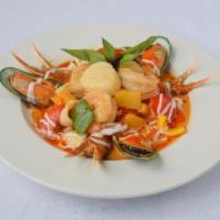HS10. Seafood Medley · Real crabmeat, shrimps, squid, green mussels, and scallops, stir fried with sweet chili past...