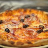 Calabrese Pizza · Onions, kalamata olives, mozzarella, parmigiana, sauce and spicy sopressata.