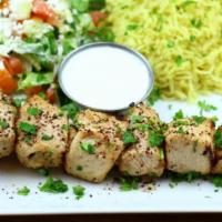 Chicken Shish Kebab · Tender chunks of boneless chicken breast marinated in special yogurt sauce and herbs chargri...