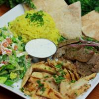Shawarma Lover Platter · Generous portions of two delicious meat items (chicken, beef shawarma or gyro) roasted on ve...