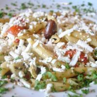 Marhaba Pasta · Penne pasta with homemade creamy white sauce, sun dried tomatoes, olives, sauteed red bell p...