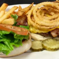 Tex Burger · Hand-pattied 1/4 lb. burger topped with melted cheddar cheese, bacon, made-to-order onion-st...