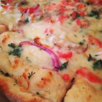 Chicken Gourmet Pizza · Cheese, grilled chicken, fresh tomato slices, green onion and white garlic sauce.