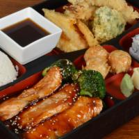 Salmon Teriyaki Box · Includes shrimp and vegetable tempura, fried shumai, teriyaki and California roll. 