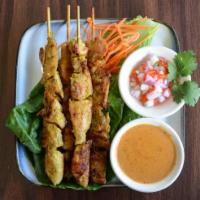 A1. Thai Chicken Satay · Grilled chicken on skewers, served with peanut sauce and cucumber sauce. Gluten Free.