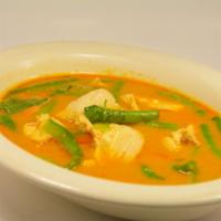 C5. Panang Curry · Panang curry with kaffir lime leave and string bean in coconut milk bell pepper, hot pepper....