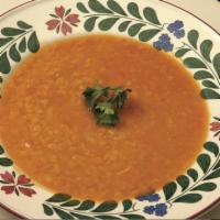Red Lentil Soup · Slow simmered vegetarian soup. Served with flat pita bread.