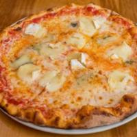 Quattro Formaggi Pizza · Tomato sauce, mozzarella, gorgonzola, brie, and Parmesan cheese.