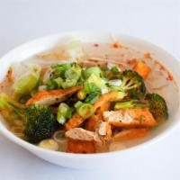 Tofu Noodle Soup · Lemongrass tofu, rice noodle, iceberg lettuce, Thai basil, bean sprout, green onion, broccol...