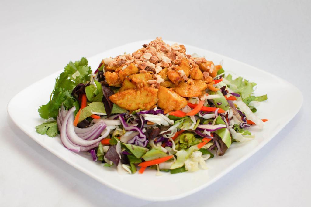Chicken Salad · Red and green cabbage, spring mix, red onion, mints, carrots and daikon, shallots, peanuts and homemade dressing. Choose between - lemongrass chicken, curry chicken or B.B.Q. chicken.