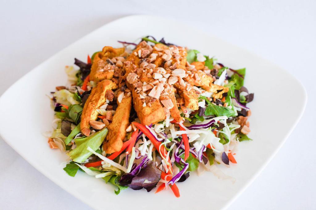 Tofu Salad · Red and green cabbage, spring mix, red onion, mints, carrots and daikon, shallots, peanuts and homemade dressing. Choose between lemongrass tofu, curry tofu or BBQ tofu.