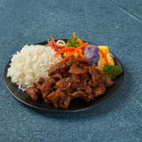 Grilled Pork Rice Bowl · Pork, brown or white rice, mix vegetable.