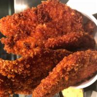 Chicken Fingers · Fresh chicken, breaded and fried. Served with honey mustard, chili, aioli or housemade BBQ s...